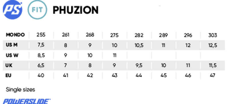 Fitness Skate size chart