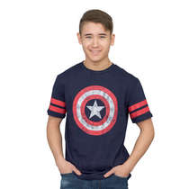 Captain America Distressed Shield Navy Striped Sleeves Mens T-shirt A