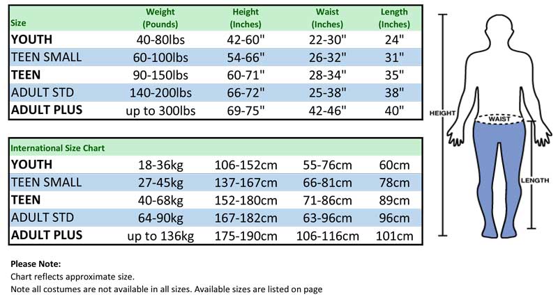 Ride On Costume Size Chart