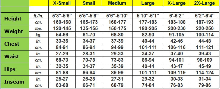 Brucelee Jump Suit Size Chart