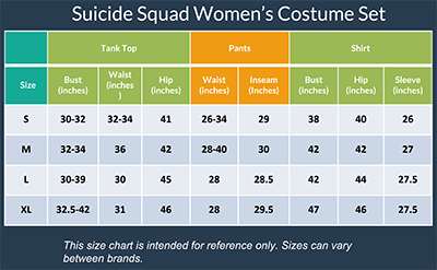 Women's Suicide Detainee Costume Size Chart