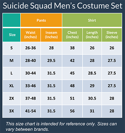 Men's Suicide Detainee Costume Size Chart