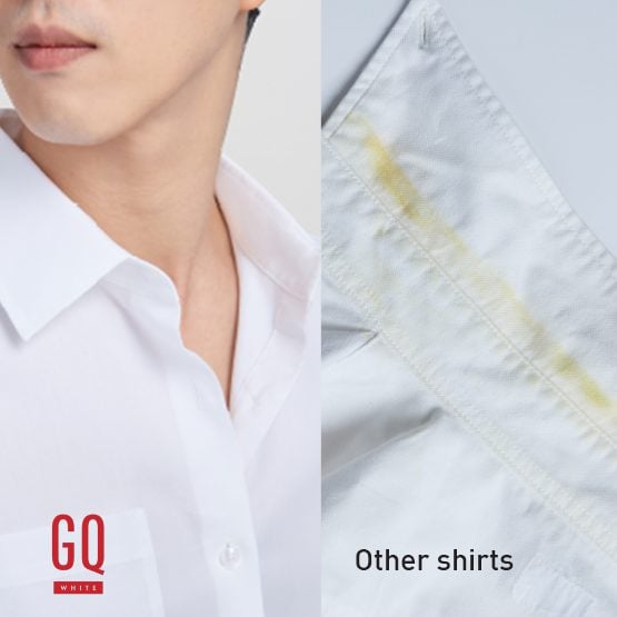 A side-by-side comparison photo of GQWhite™'s yellow stain-resistant collar verses another brand white shirt where the collar has a very bad yellow sweat stain.