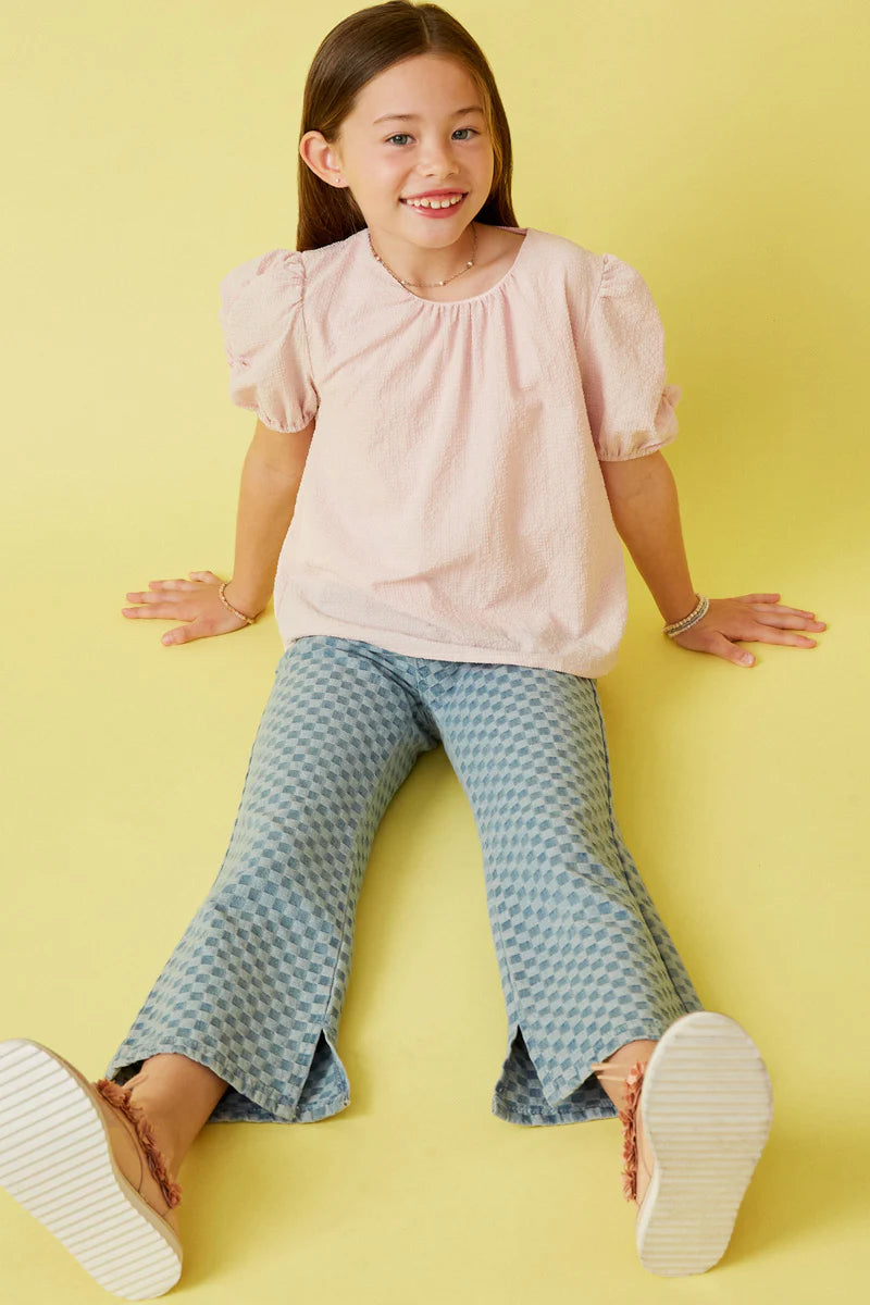 Pink Seersucker Textured Puff Sleeve Top