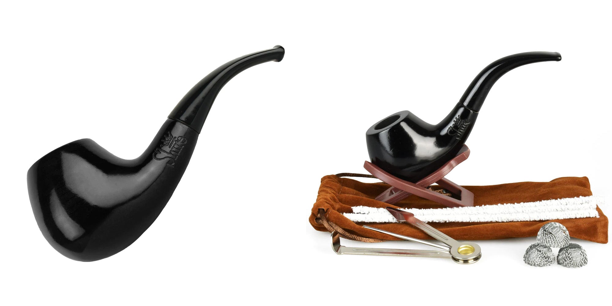 Pulsar Shire Pipe Bent Ebony Cherry Wood Tobacco Pipe 5.5" a black cherry wood pipe with brushed cotton carrying pouch, plastic stand, removable charcoal filter