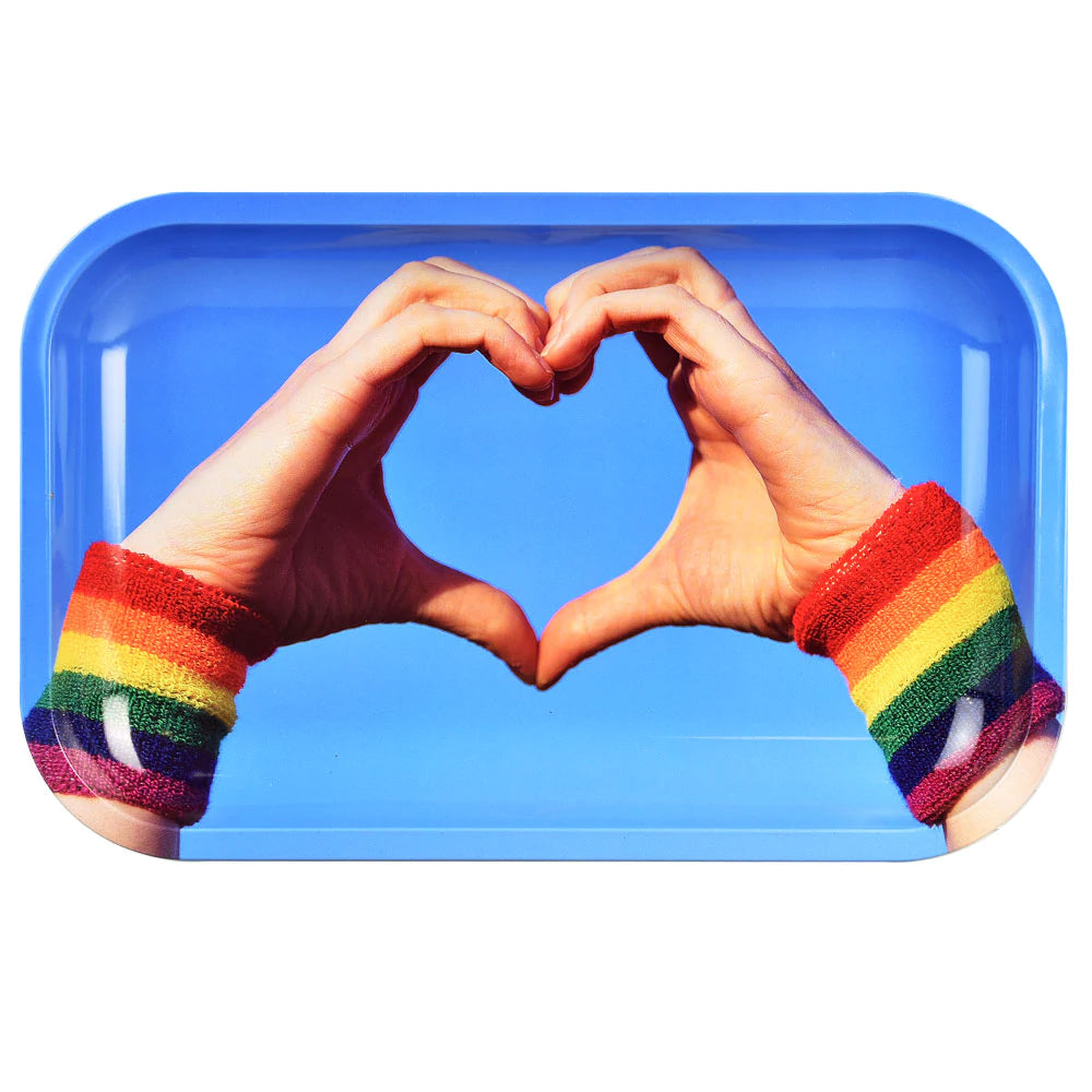 Pulsar Equality Heart Hands Rolling Tray two hands making a heart wearing rainbow wristbands on a sky blue background