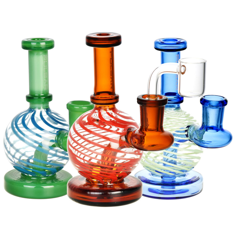 Pulsar Spiral-Wrapped Ball Mini Rig 5.25" 3 spiral wrapped ball mini rigs. on the left is a green and blue. in the middle is an amber and red. on the right is a blue and green.