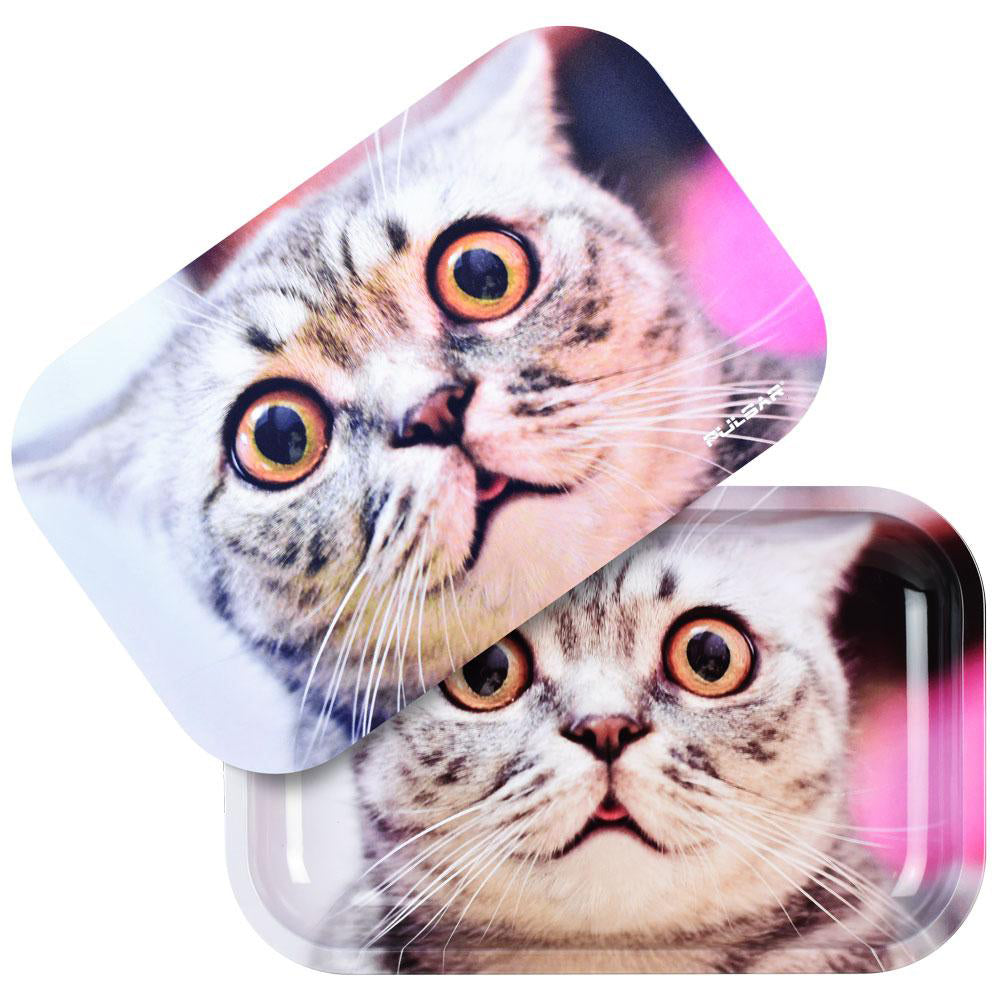 Pulsar Stoned Cat Rolling Tray white cat with large pupils in orange eyes on a pink and white background rolling tray