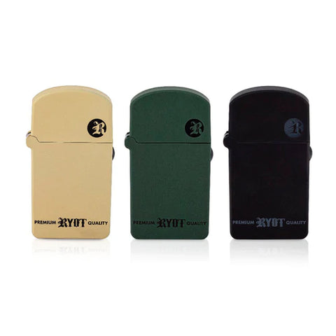 3 RYOT Verb 510 Vaporizers in the closed position. Beige on the left, Army green in the middle, black on the right. 