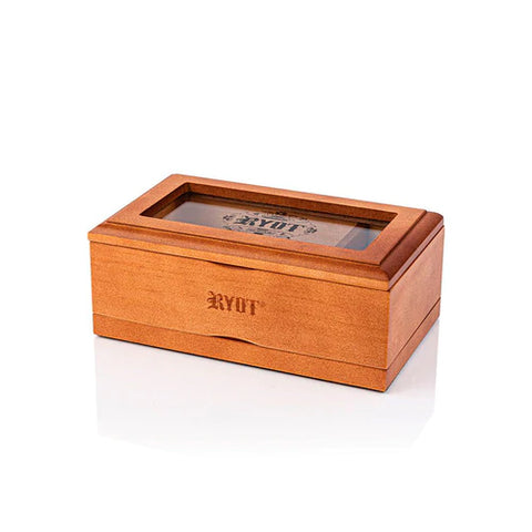 RYOT Glass Top Screen Box in a closed position. Showcased in maple wood finish.