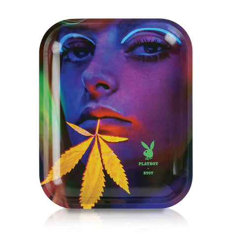 RYOT Playboy Tin Rolling Tray. Large size with neon ethereal women with neon orange weed leaf pressed to her lips.
