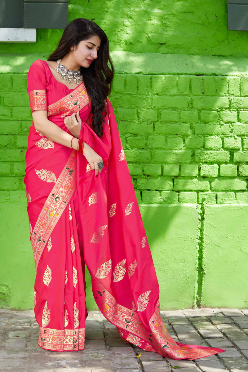 [Clearance Sale] Pink Super Soft Banarasi Silk Saree - by - Manjubaa - | - Saree