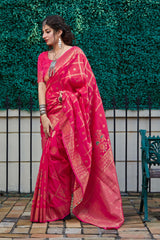 Pink Super Soft Banarasi Silk Saree - by - Manjubaa - | - Saree