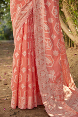 Peach Lucknowi Cotton Silk Saree - by - Manjubaa - | - Saree