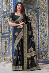 [Clearance Sale] Black Super Soft Banarasi Silk Saree - by - Manjubaa - | - Saree