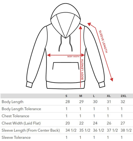 pullover hoodie size chart