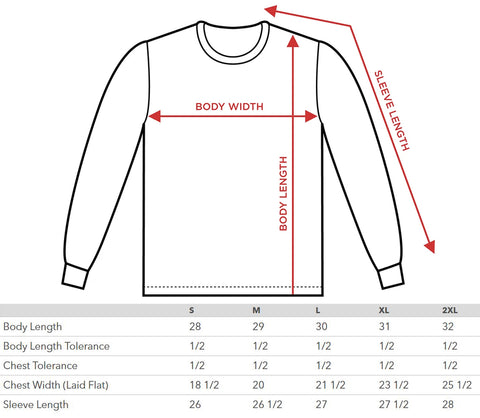 long sleeve tee shirt size chart