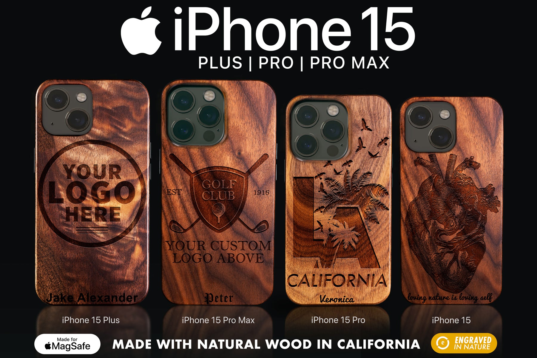Personalized iPhone 15 Pro Case, Wood Carved iPhone 15 Pro Cover