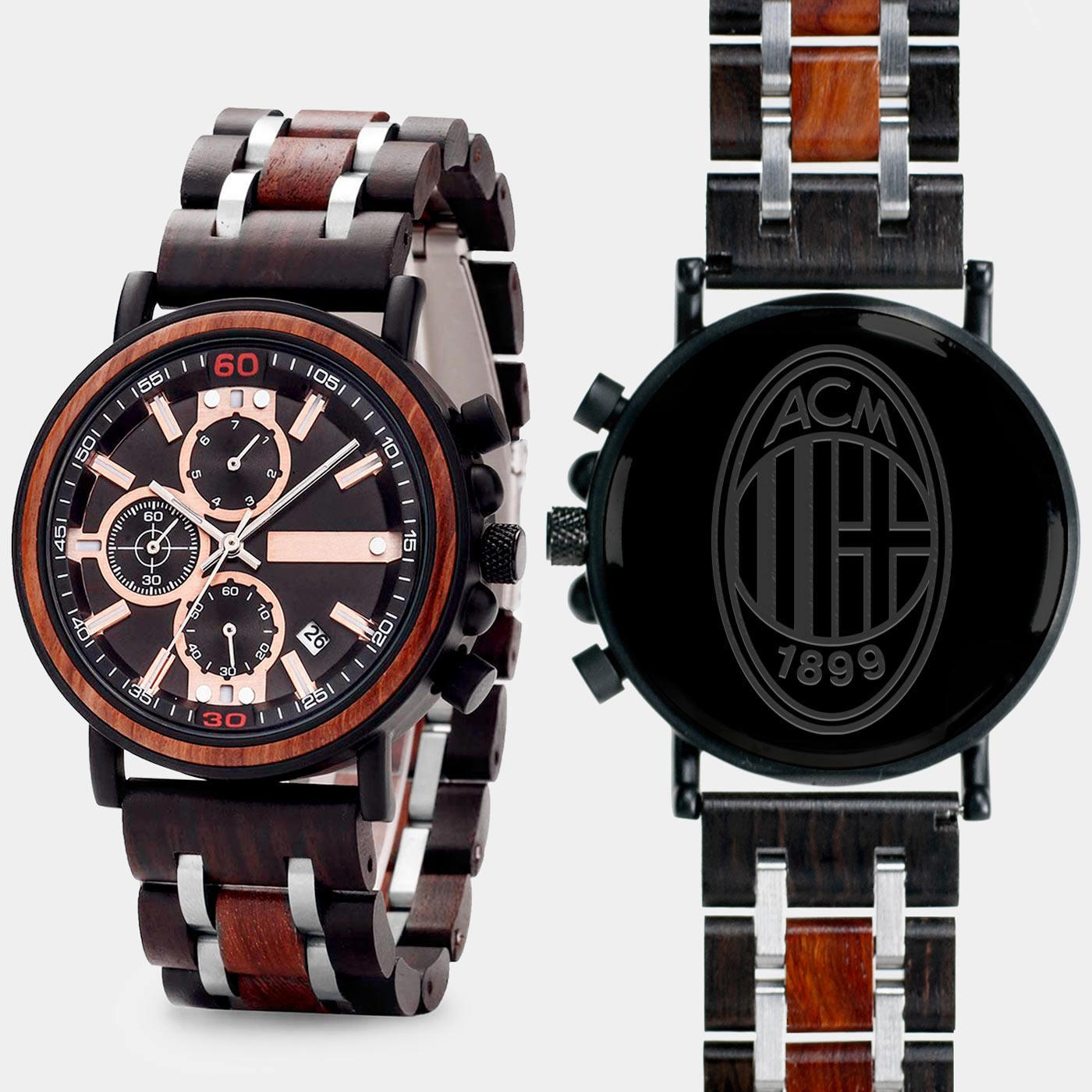 A.C. Milan Mens Wrist Watch  - Personalized A.C. Milan Mens Watches - Custom Gifts For Him, Birthday Gifts, Gift For Dad - Best 2022 A.C. Milan Christmas Gifts - Black 45mm FC Wood Watch