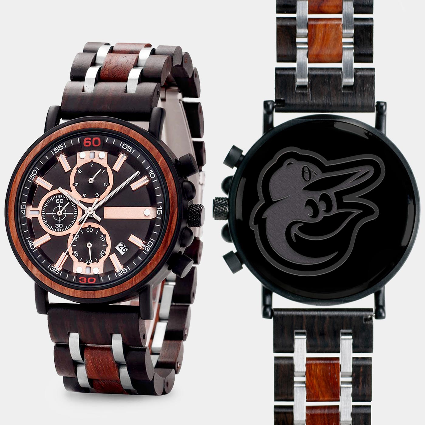 Baltimore Orioles Mens Wrist Watch  - Personalized Baltimore Orioles Mens Watches - Custom Gifts For Him, Birthday Gifts, Gift For Dad - Best 2022 Baltimore Orioles Christmas Gifts - Black 45mm MLB Wood Watch
