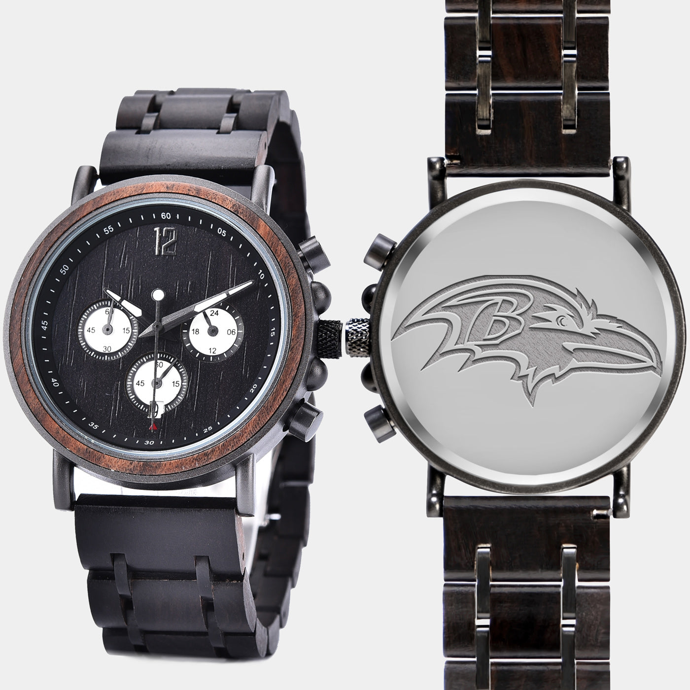 Baltimore Ravens Mens Wrist Watch  - Personalized Baltimore Ravens Mens Watches - Custom Gifts For Him, Birthday Gifts, Gift For Dad - Best 2022 Baltimore Ravens Christmas Gifts - Black 45mm NFL Wood Watch