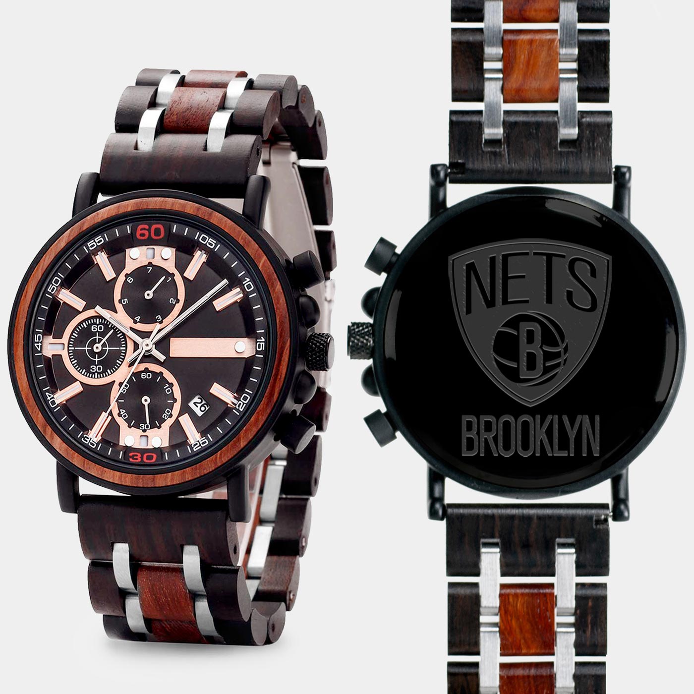 Brooklyn Nets Mens Wrist Watch  - Personalized Brooklyn Nets Mens Watches - Custom Gifts For Him, Birthday Gifts, Gift For Dad - Best 2022 Brooklyn Nets Christmas Gifts - Black 45mm NBA Wood Watch