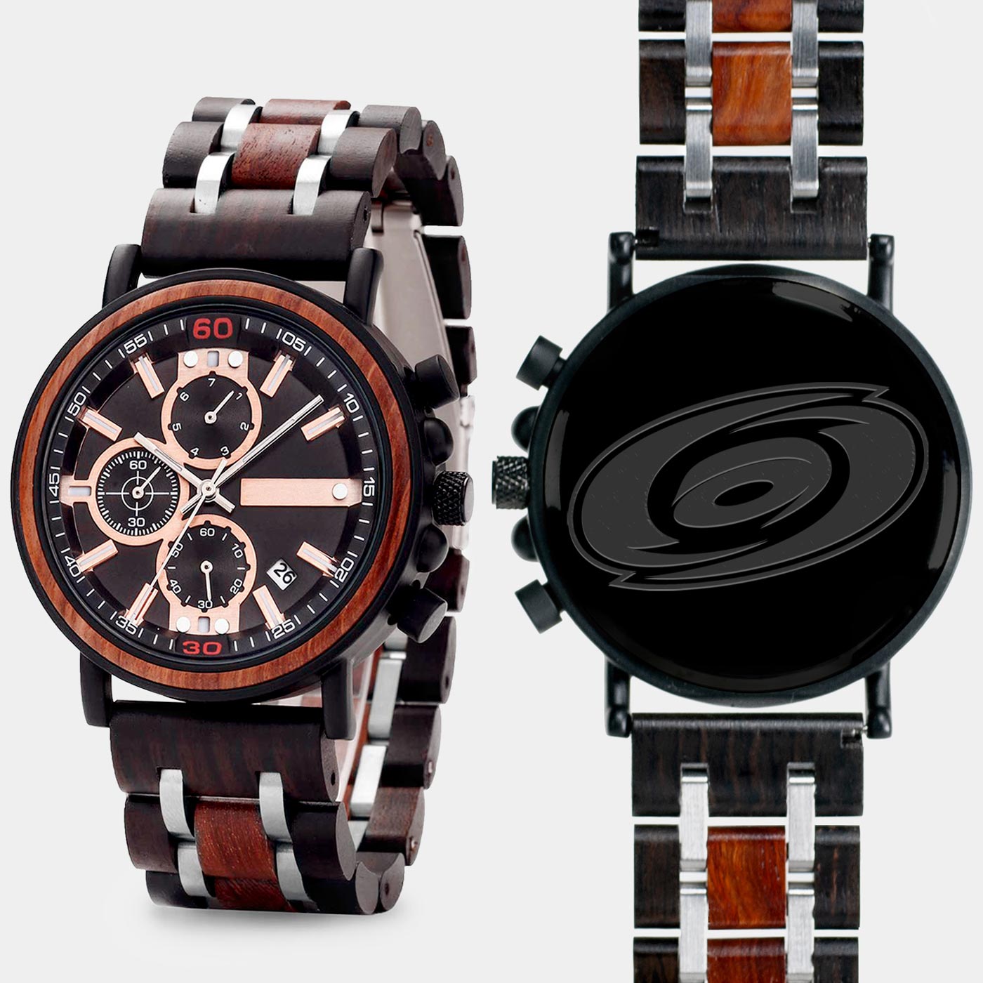 Carolina Hurricanes Mens Wrist Watch  - Personalized Carolina Hurricanes Mens Watches - Custom Gifts For Him, Birthday Gifts, Gift For Dad - Best 2022 Carolina Hurricanes Christmas Gifts - Black 45mm NHL Wood Watch