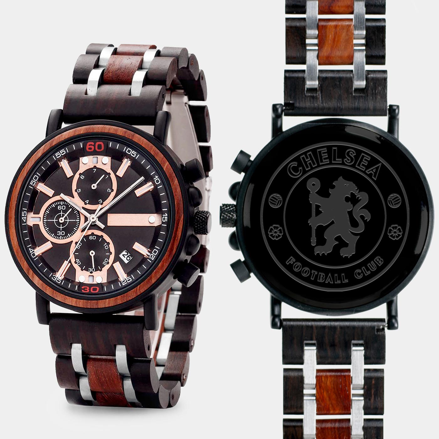 Chelsea F.C. Mens Wrist Watch  - Personalized Chelsea F.C. Mens Watches - Custom Gifts For Him, Birthday Gifts, Gift For Dad - Best 2022 Chelsea F.C. Christmas Gifts - Black 45mm FC Wood Watch