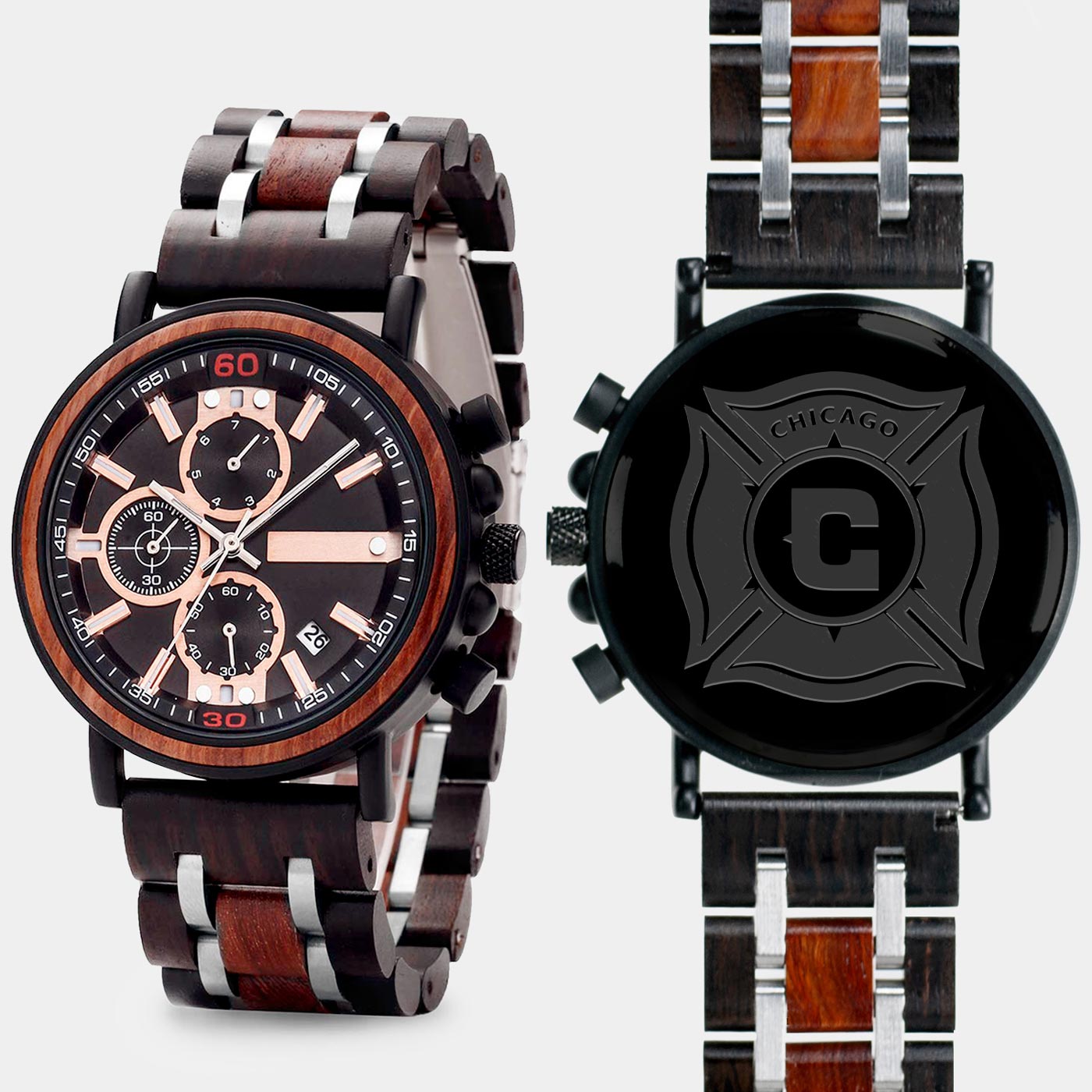 Chicago Fire SC Mens Wrist Watch  - Personalized Chicago Fire SC Mens Watches - Custom Gifts For Him, Birthday Gifts, Gift For Dad - Best 2022 Chicago Fire SC Christmas Gifts - Black 45mm MLS Wood Watch