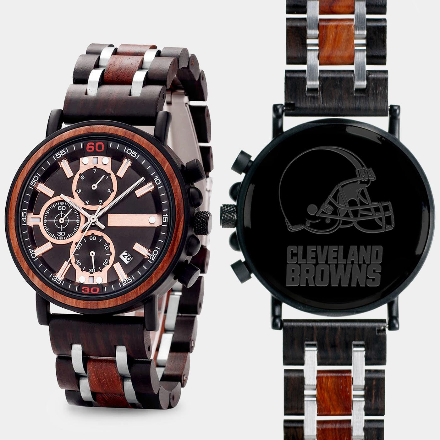 Cleveland Browns Mens Wrist Watch  - Personalized Cleveland Browns Mens Watches - Custom Gifts For Him, Birthday Gifts, Gift For Dad - Best 2022 Cleveland Browns Christmas Gifts - Black 45mm NFL Wood Watch