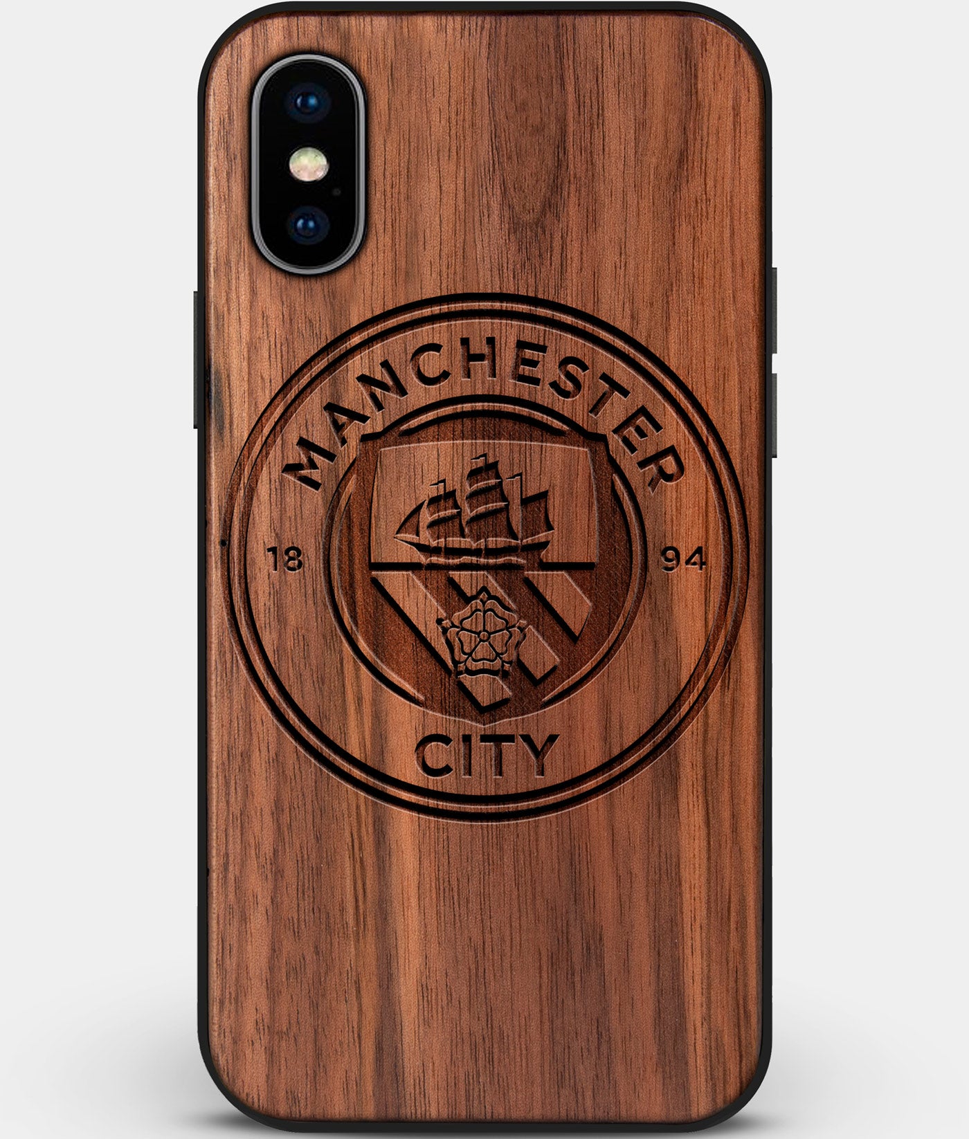 Custom Carved Wood Manchester City F.C. iPhone XS Max Case | Personalized Walnut Wood Manchester City F.C. Cover, Birthday Gift, Gifts For Him, Monogrammed Gift For Fan | by Engraved In Nature