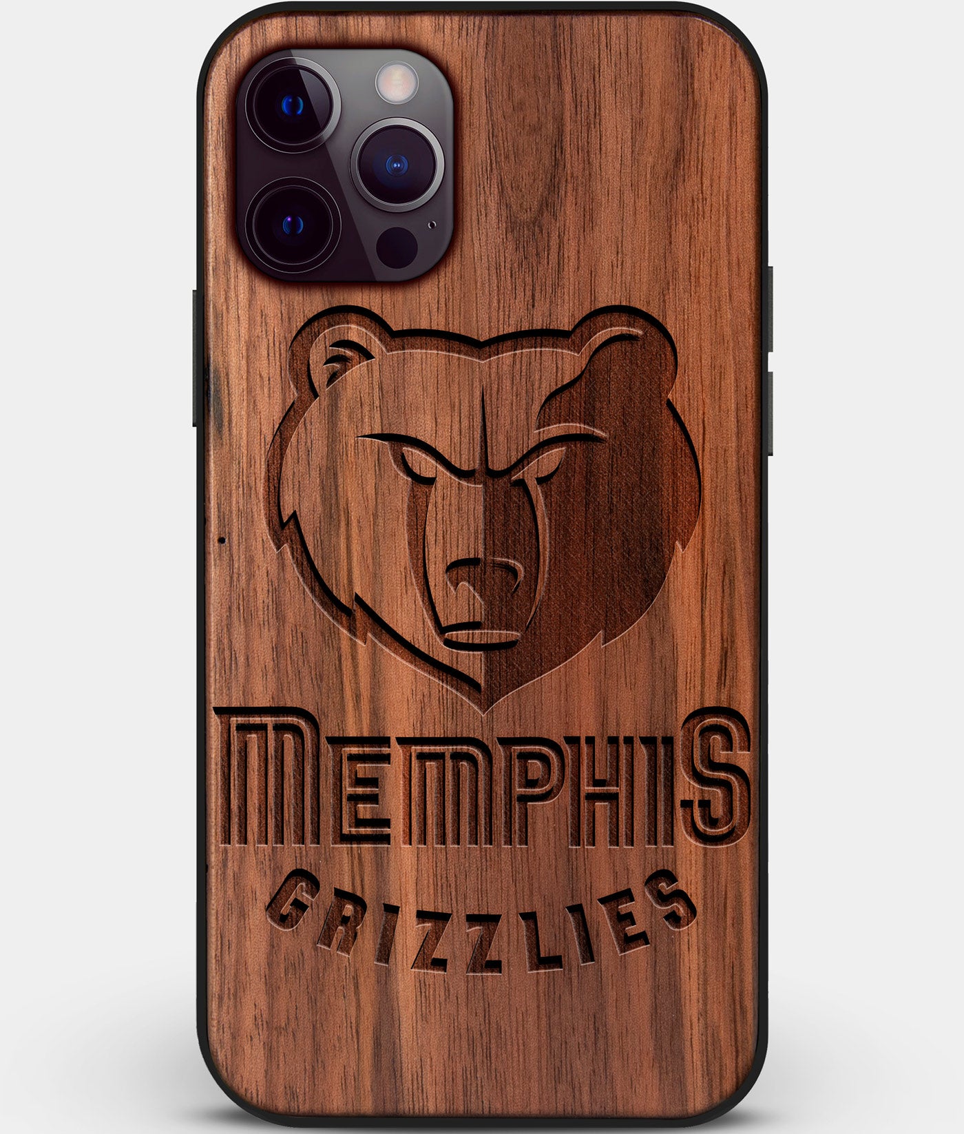 Custom Carved Wood Memphis Grizzlies iPhone 12 Pro Max Case | Personalized Walnut Wood Memphis Grizzlies Cover, Birthday Gift, Gifts For Him, Monogrammed Gift For Fan | by Engraved In Nature