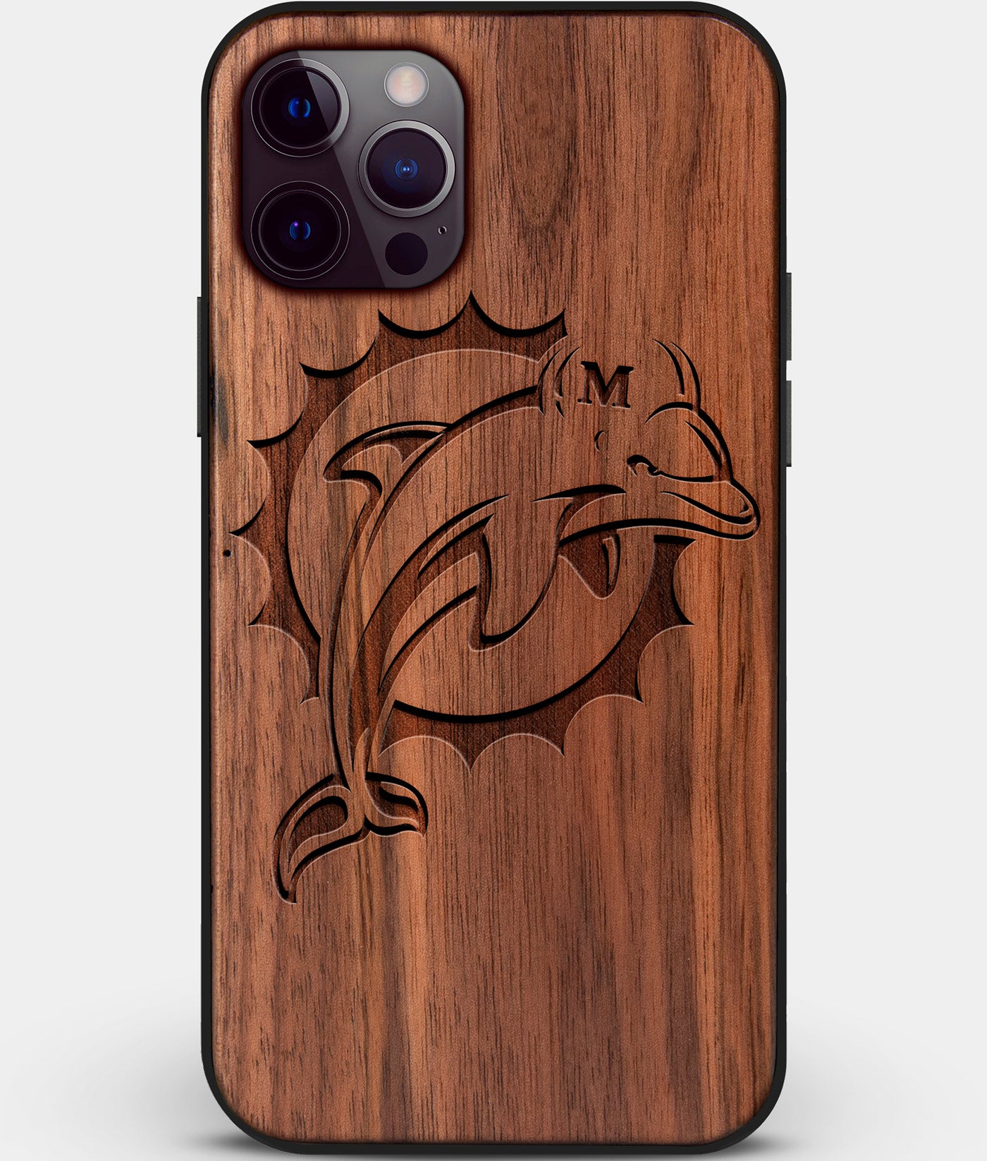 Custom Carved Wood Miami Dolphins iPhone 12 Pro Max Case | Personalized Walnut Wood Miami Dolphins Cover, Birthday Gift, Gifts For Him, Monogrammed Gift For Fan | by Engraved In Nature