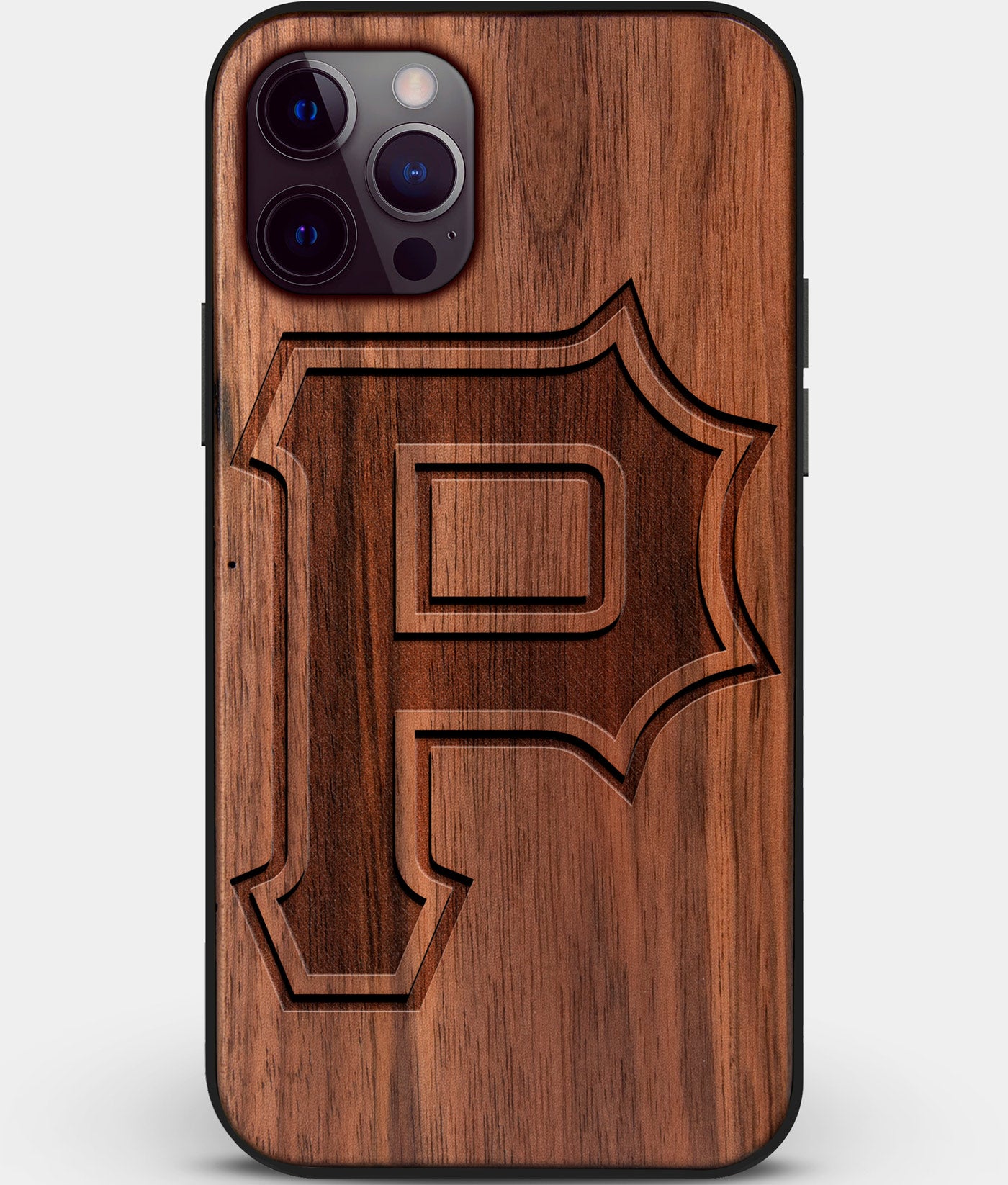 Custom Carved Wood Pittsburgh Pirates iPhone 12 Pro Case Classic | Personalized Walnut Wood Pittsburgh Pirates Cover, Birthday Gift, Gifts For Him, Monogrammed Gift For Fan | by Engraved In Nature