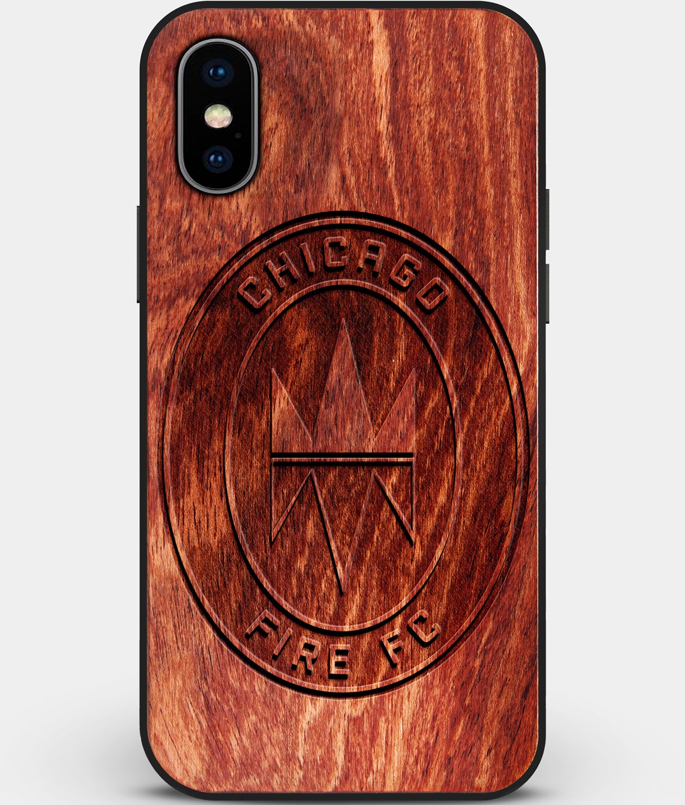 Custom Carved Wood Chicago Fire SC iPhone X/XS Case | Personalized Mahogany Wood Chicago Fire SC Cover, Birthday Gift, Gifts For Him, Monogrammed Gift For Fan | by Engraved In Nature