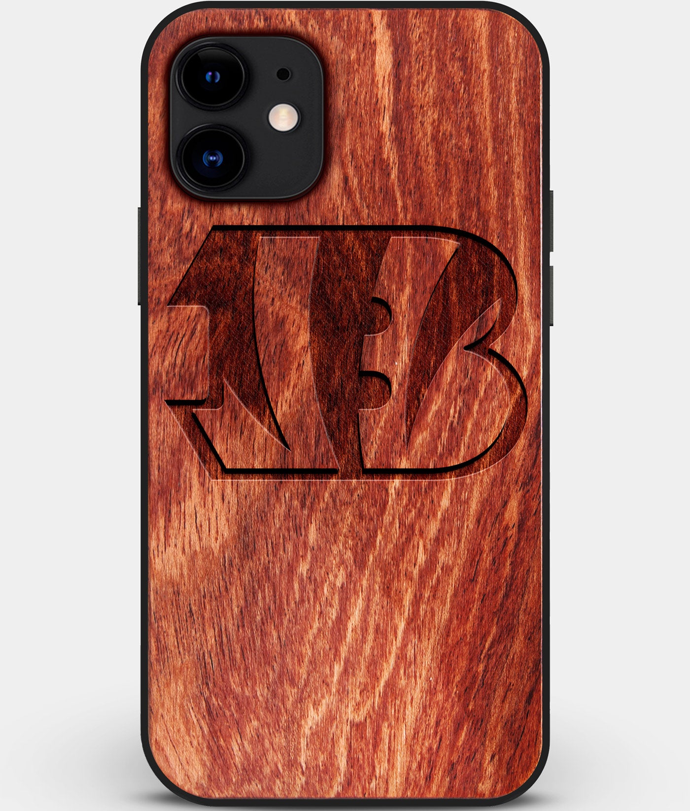 Custom Carved Wood Cincinnati Bengals iPhone 12 Case | Personalized Mahogany Wood Cincinnati Bengals Cover, Birthday Gift, Gifts For Him, Monogrammed Gift For Fan | by Engraved In Nature