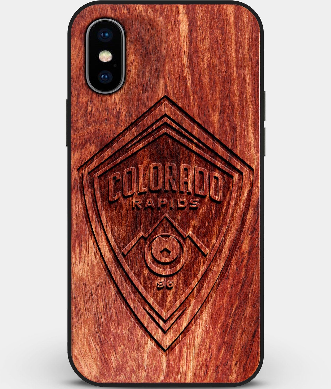 Custom Carved Wood Colorado Rapids iPhone XS Max Case | Personalized Mahogany Wood Colorado Rapids Cover, Birthday Gift, Gifts For Him, Monogrammed Gift For Fan | by Engraved In Nature