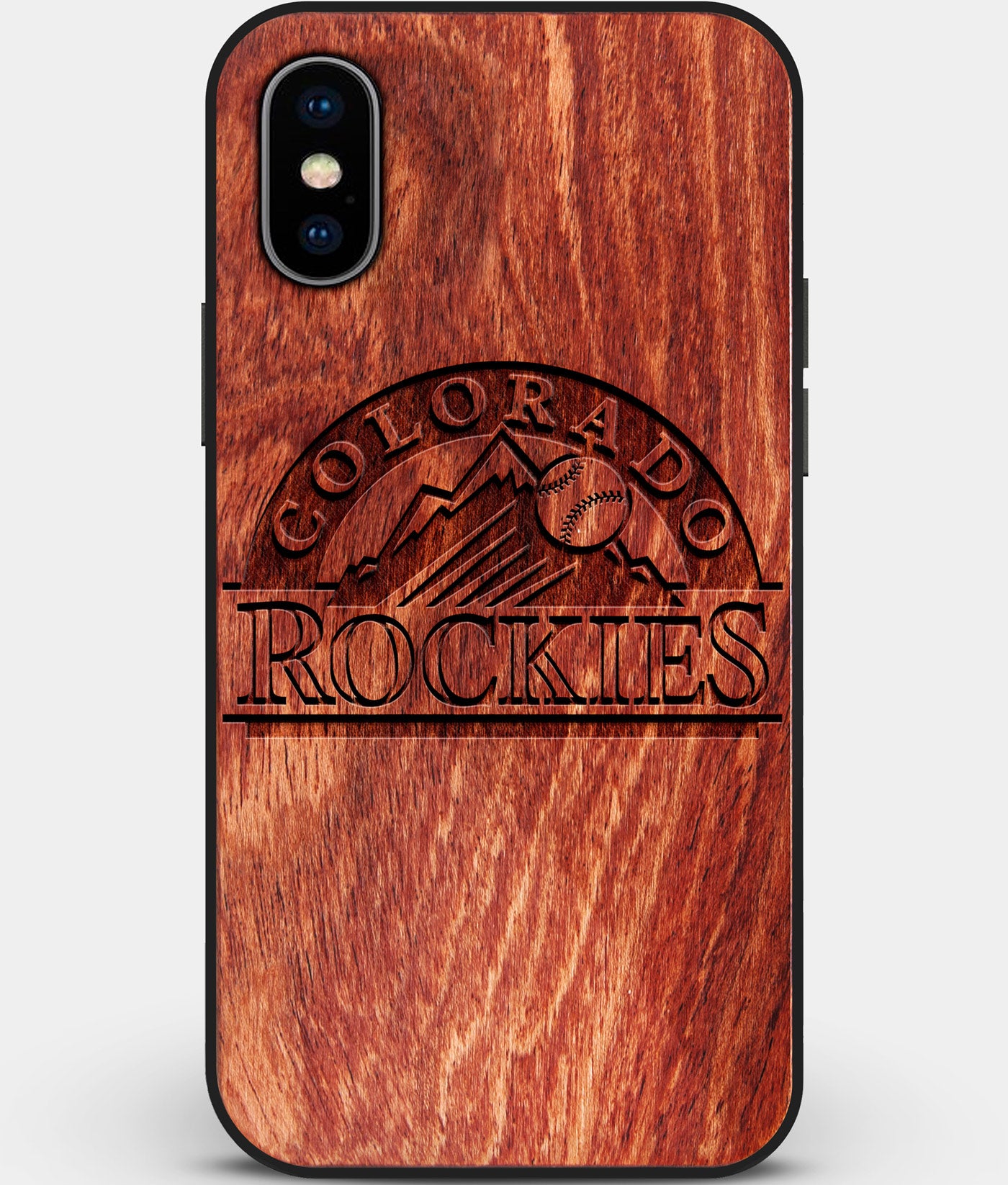 Custom Carved Wood Colorado Rockies iPhone XS Max Case | Personalized Mahogany Wood Colorado Rockies Cover, Birthday Gift, Gifts For Him, Monogrammed Gift For Fan | by Engraved In Nature