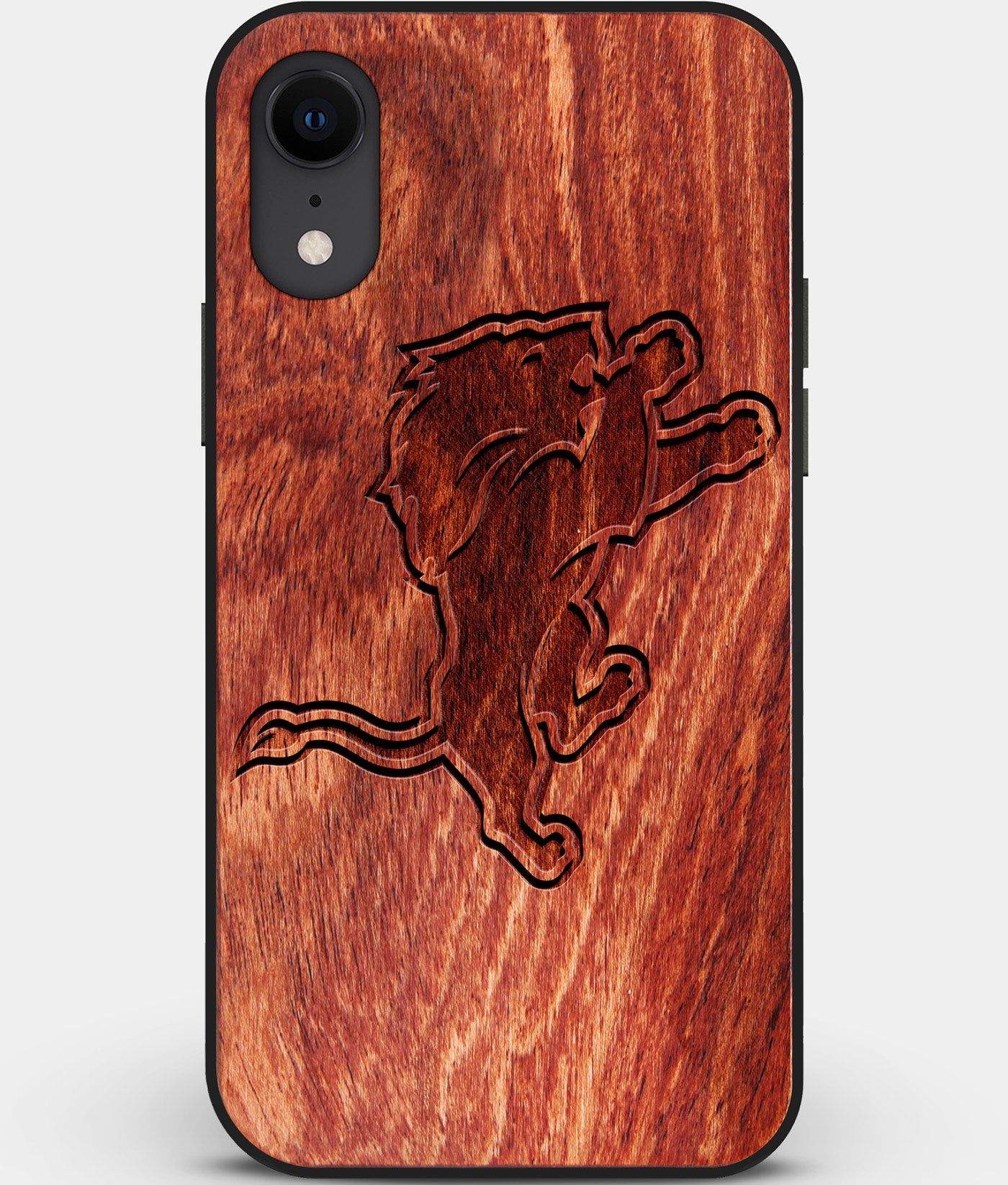 Custom Carved Wood Detroit Lions iPhone XR Case | Personalized Mahogany Wood Detroit Lions Cover, Birthday Gift, Gifts For Him, Monogrammed Gift For Fan | by Engraved In Nature