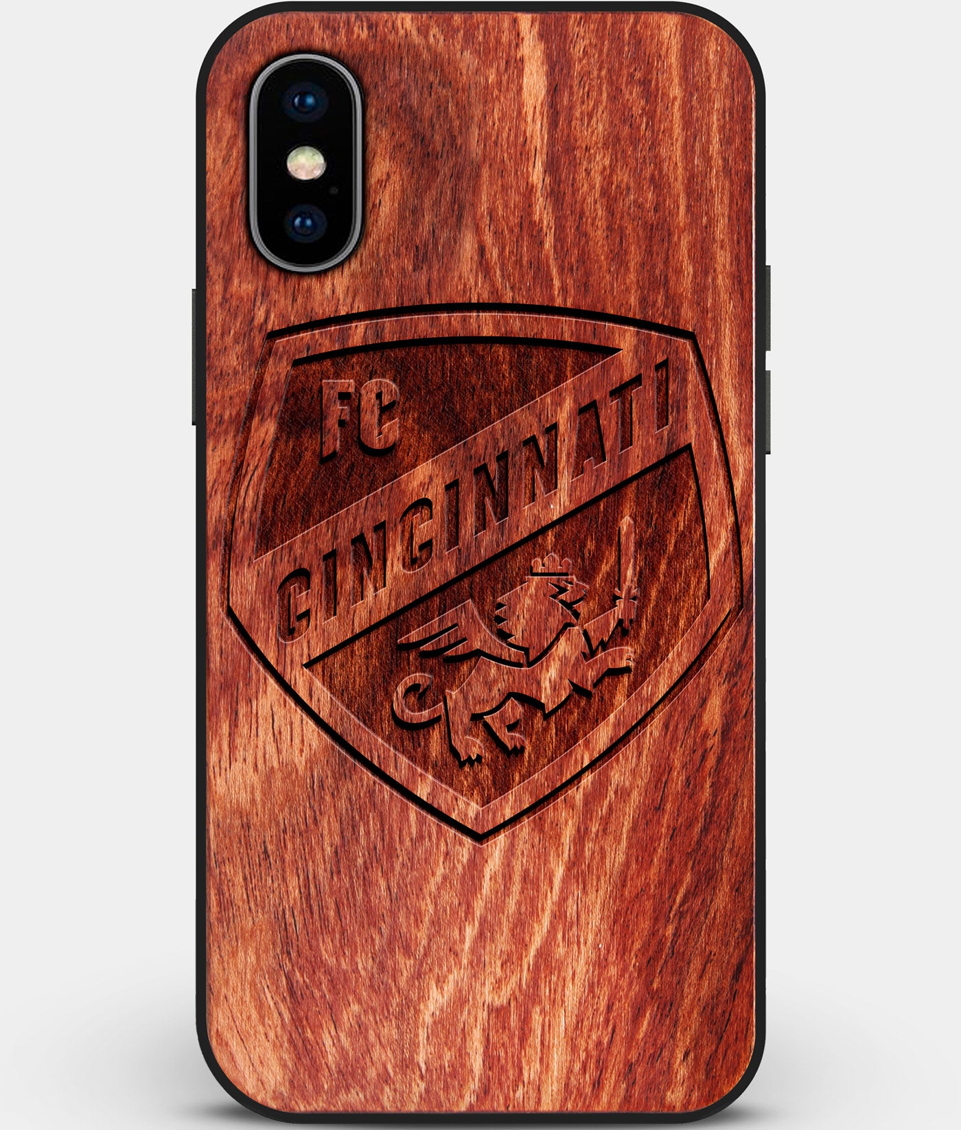 Custom Carved Wood FC Cincinnati iPhone X/XS Case | Personalized Mahogany Wood FC Cincinnati Cover, Birthday Gift, Gifts For Him, Monogrammed Gift For Fan | by Engraved In Nature