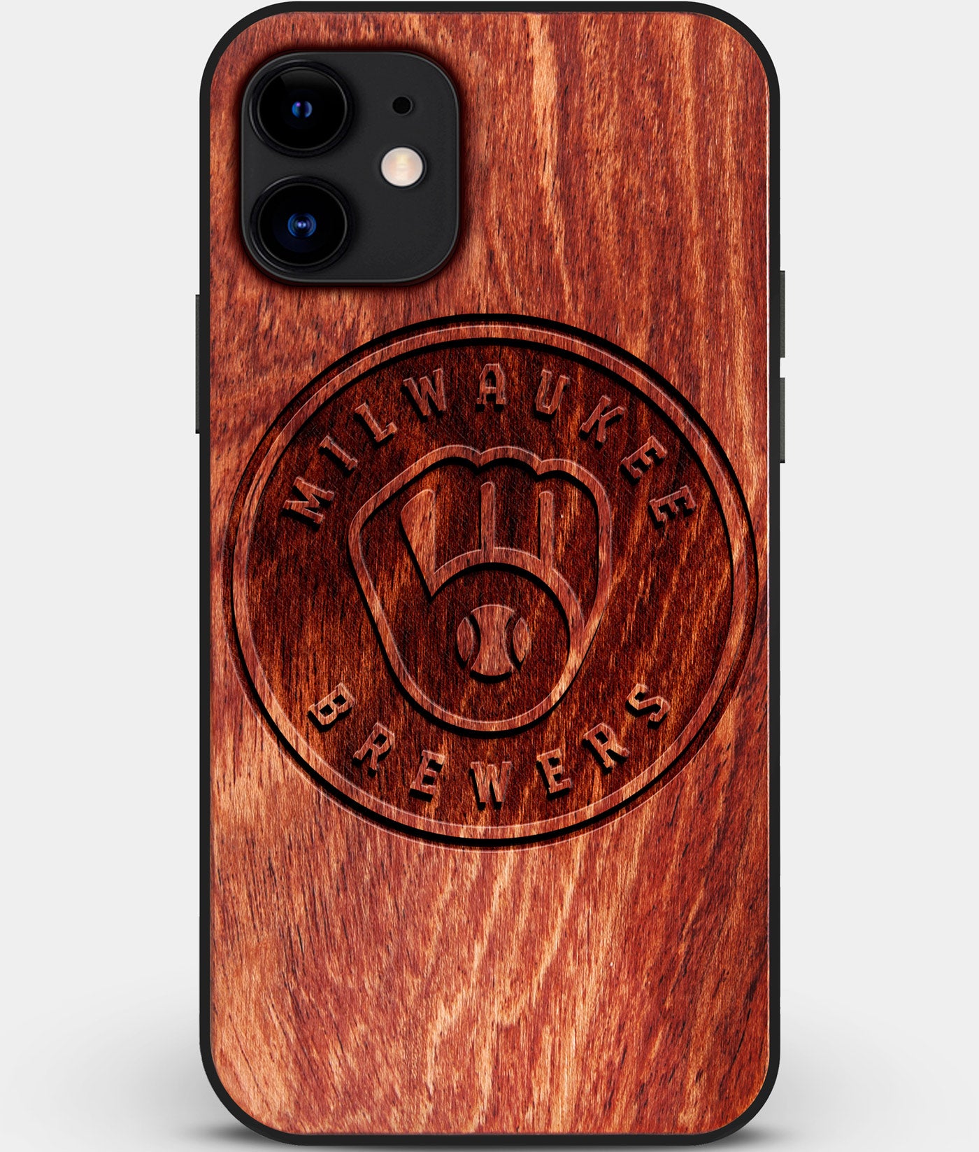 Custom Carved Wood Milwaukee Brewers iPhone 12 Case | Personalized Mahogany Wood Milwaukee Brewers Cover, Birthday Gift, Gifts For Him, Monogrammed Gift For Fan | by Engraved In Nature