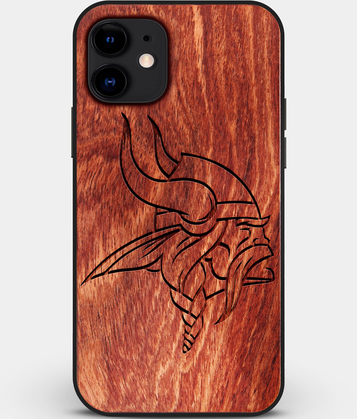 Custom Carved Wood Minnesota Vikings iPhone 12 Mini Case | Personalized Mahogany Wood Minnesota Vikings Cover, Birthday Gift, Gifts For Him, Monogrammed Gift For Fan | by Engraved In Nature