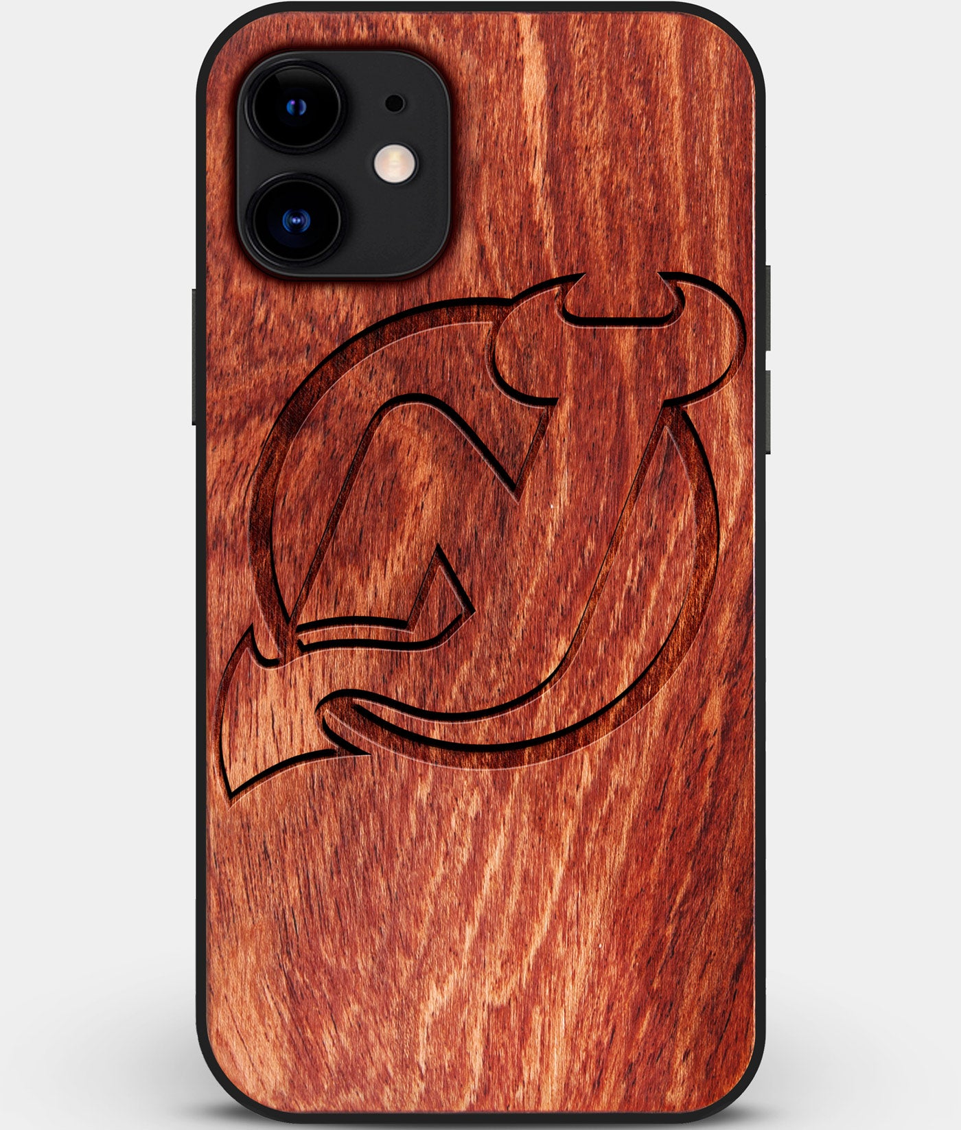 Custom Carved Wood New Jersey Devils iPhone 11 Case | Personalized Mahogany Wood New Jersey Devils Cover, Birthday Gift, Gifts For Him, Monogrammed Gift For Fan | by Engraved In Nature