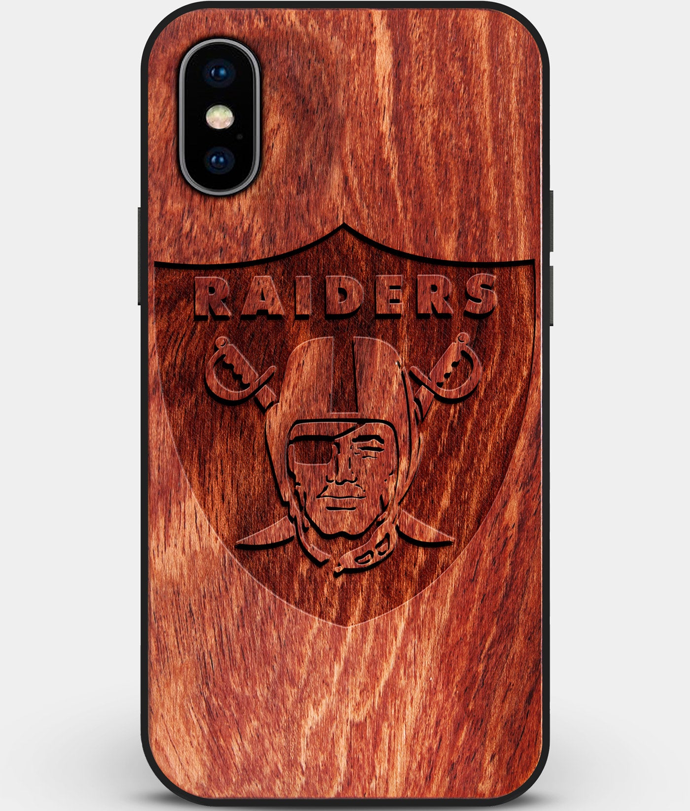 Custom Carved Wood Oakland Raiders iPhone X/XS Case | Personalized Mahogany Wood Oakland Raiders Cover, Birthday Gift, Gifts For Him, Monogrammed Gift For Fan | by Engraved In Nature