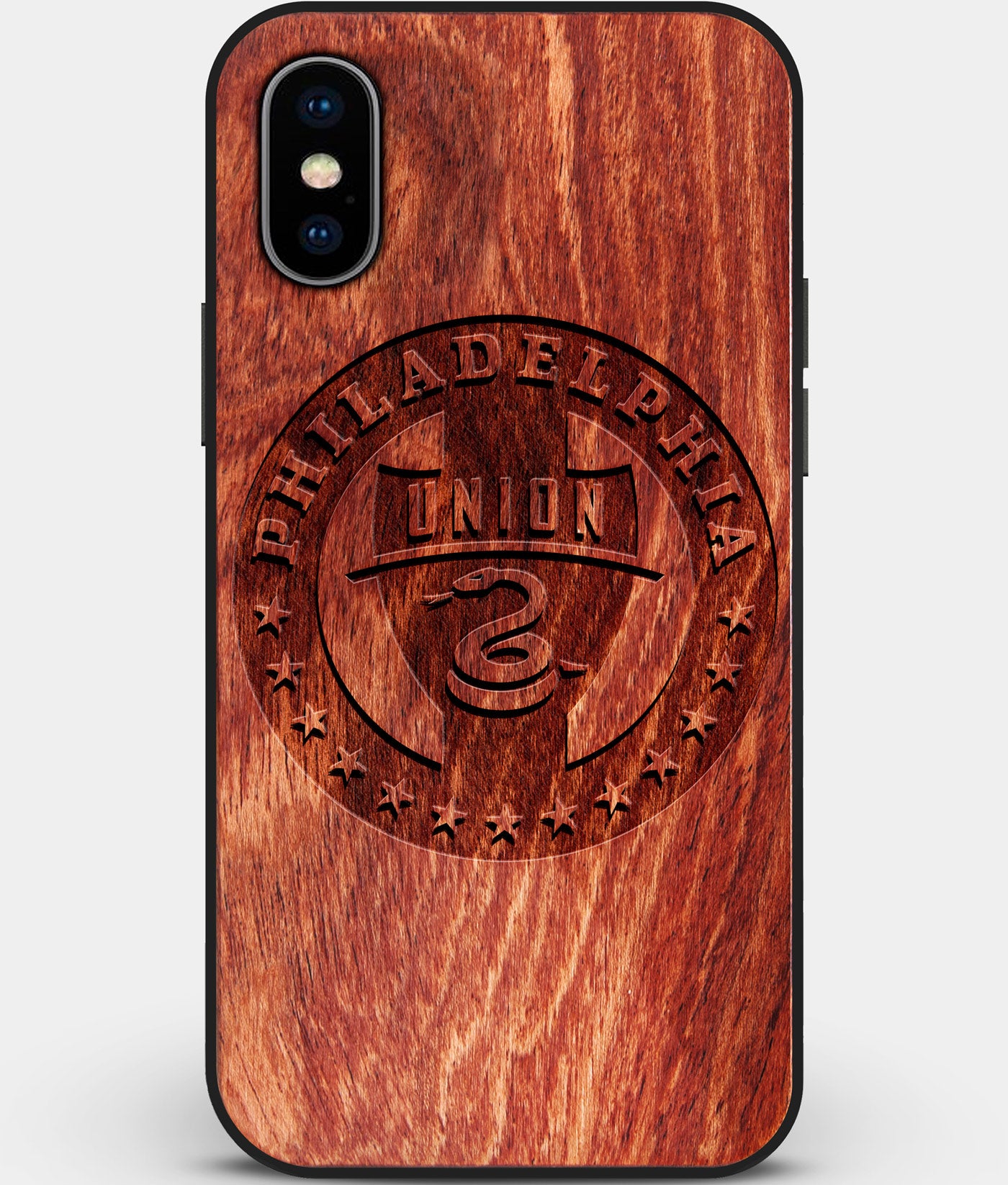 Custom Carved Wood Philadelphia Union iPhone X/XS Case | Personalized Mahogany Wood Philadelphia Union Cover, Birthday Gift, Gifts For Him, Monogrammed Gift For Fan | by Engraved In Nature