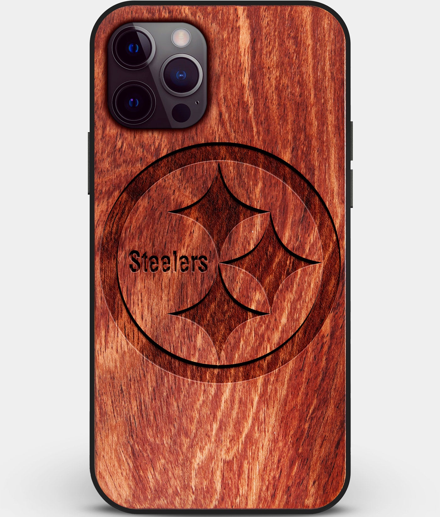 Custom Carved Wood Pittsburgh Steelers iPhone 12 Pro Case | Personalized Mahogany Wood Pittsburgh Steelers Cover, Birthday Gift, Gifts For Him, Monogrammed Gift For Fan | by Engraved In Nature