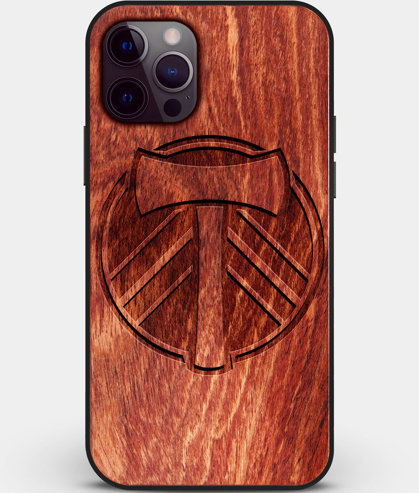 Custom Carved Wood Portland Timbers iPhone 12 Pro Max Case | Personalized Mahogany Wood Portland Timbers Cover, Birthday Gift, Gifts For Him, Monogrammed Gift For Fan | by Engraved In Nature