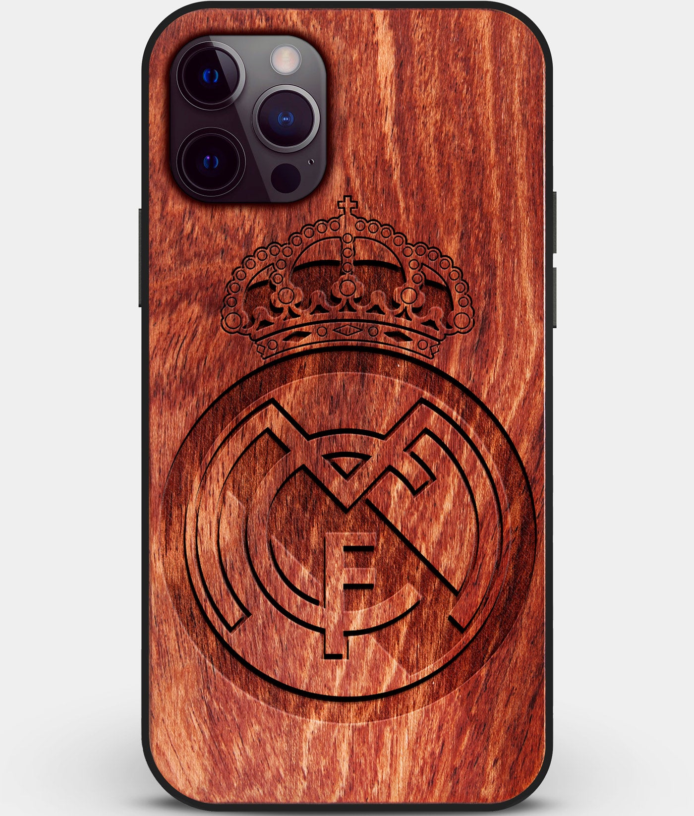 Custom Carved Wood Real Madrid C.F. iPhone 12 Pro Case | Personalized Mahogany Wood Real Madrid C.F. Cover, Birthday Gift, Gifts For Him, Monogrammed Gift For Fan | by Engraved In Nature