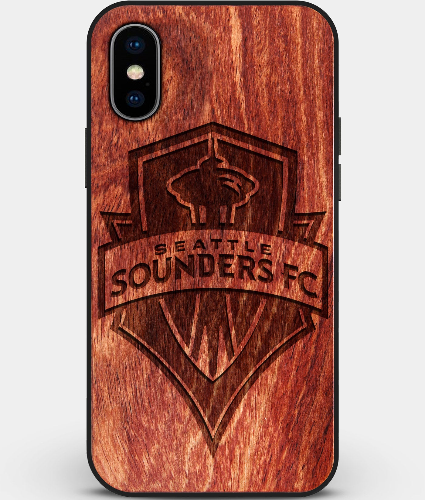 Custom Carved Wood Seattle Sounders FC iPhone XS Max Case | Personalized Mahogany Wood Seattle Sounders FC Cover, Birthday Gift, Gifts For Him, Monogrammed Gift For Fan | by Engraved In Nature