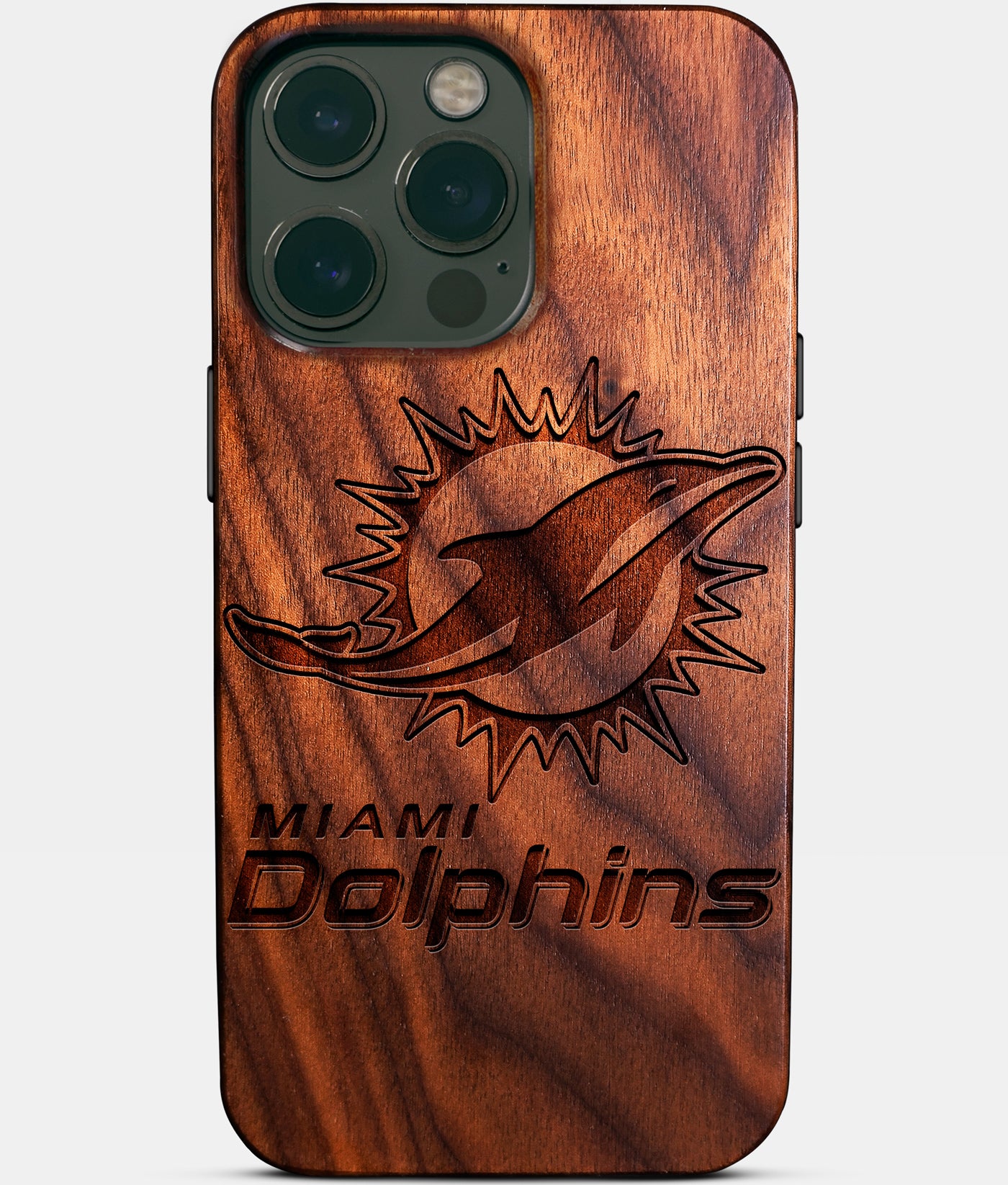Custom Miami Dolphins iPhone 14/14 Pro/14 Pro Max/14 Plus Case - Carved Wood Dolphins Cover - Eco-friendly Miami Dolphins iPhone 14 Case - Custom Miami Dolphins Gift For Him - Monogrammed Personalized iPhone 14 Cover By Engraved In Nature